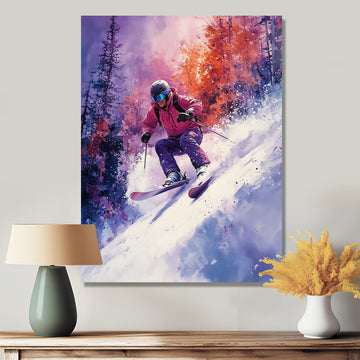 Purple Ski Slopestyle Accented With Orange I - Skiing Canvas Wall Art
